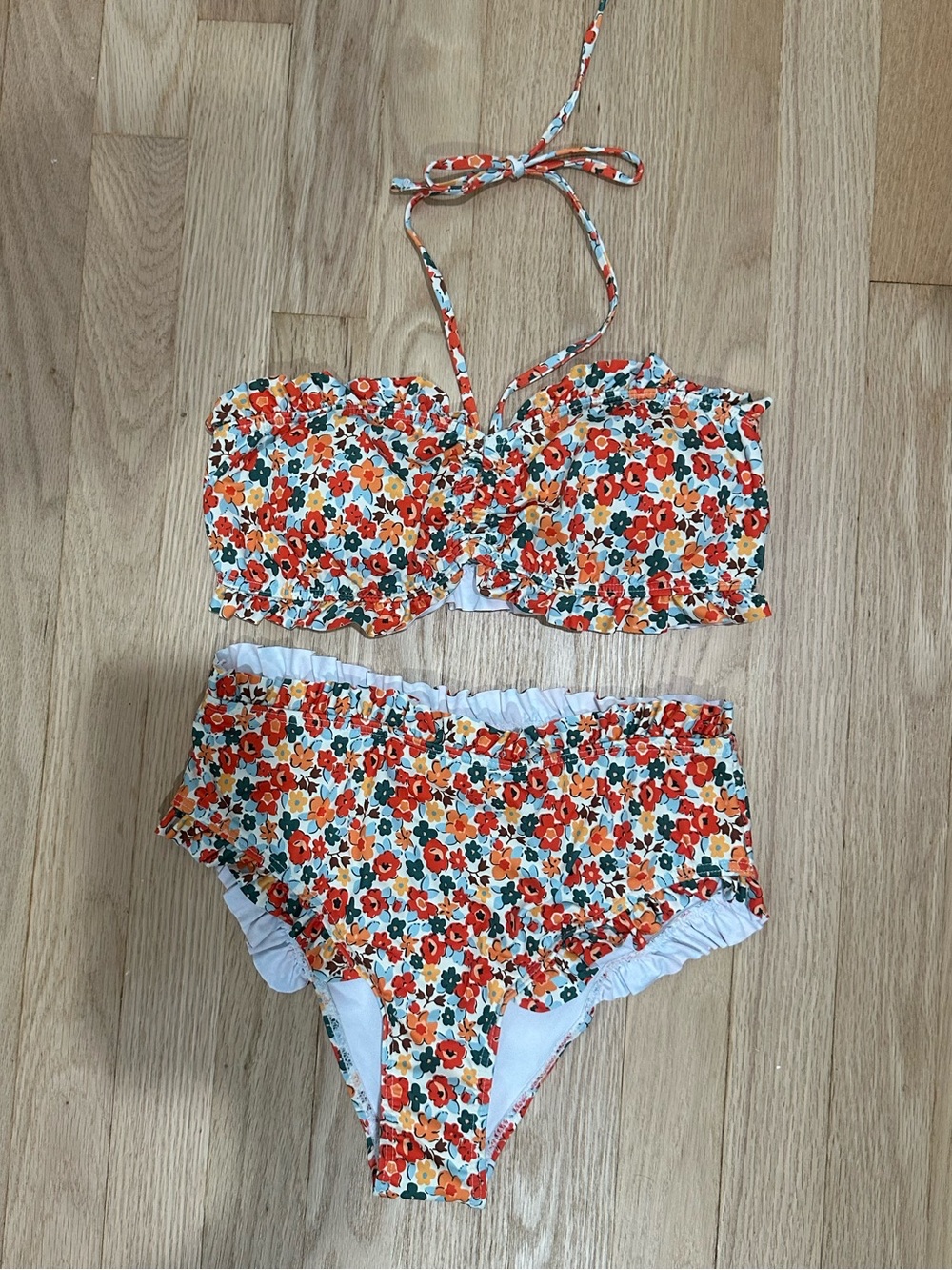 Shein Orange Multi Floral Ruffle Bikini Set